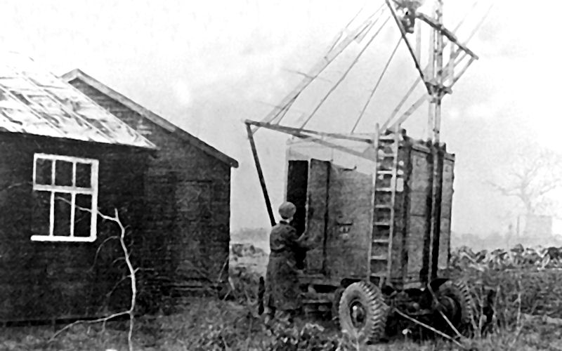 A black and white photograph The Botany Huts at Jodrell Bank and the first radar systems used on the site in December 1945.