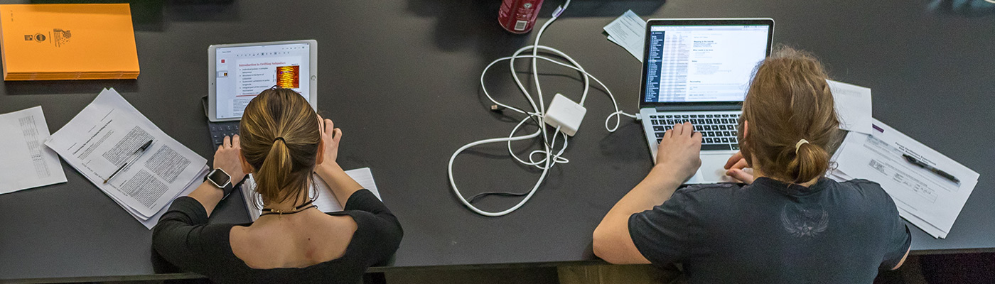 Overhead view of a male and a female student working on laptops