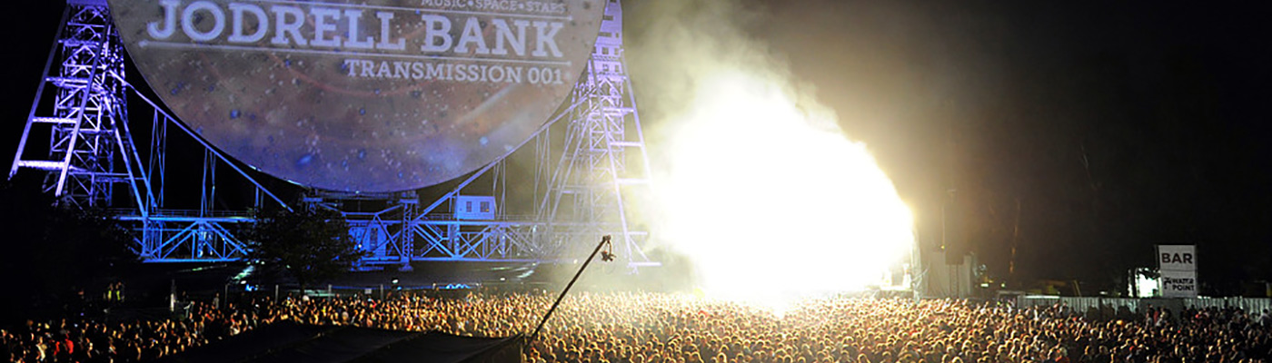 Live from Jodrell Bank festival, aerial shot of crowd.