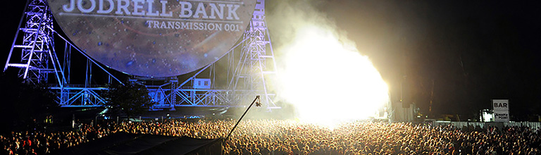 Live from Jodrell Bank festival, aerial shot of crowd.