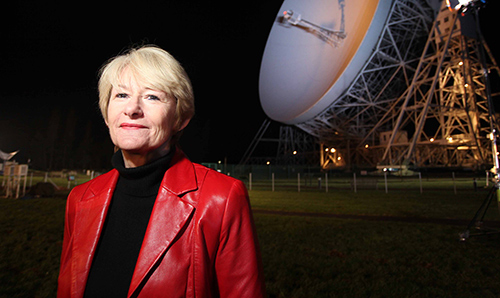 Dame Nancy Rothwell in front of the Lovell Telescope