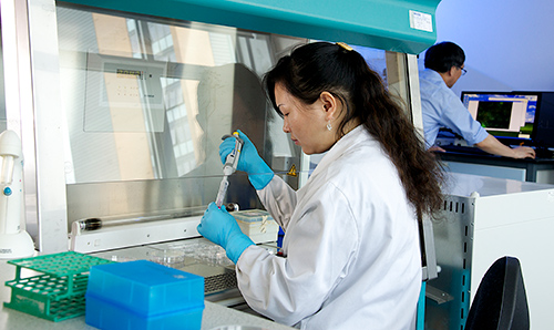 A female researcher in lab coat and deep concentration while performing an experiment